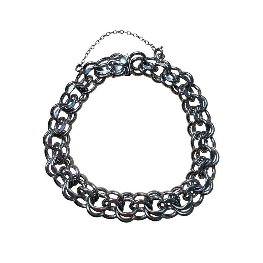 Elco Sterling Silver Double Link Charm Bracelet Vintage Heart Clasp Retro 7.5in